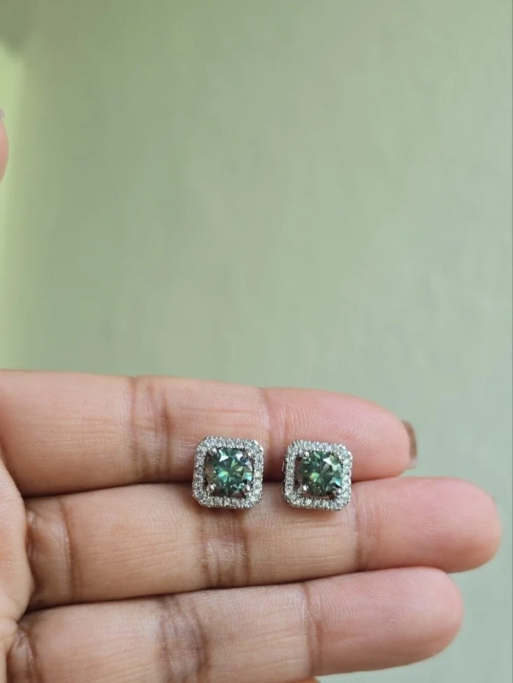 Green Moissanite Halo Square Stud Earrings On Sterling Silver